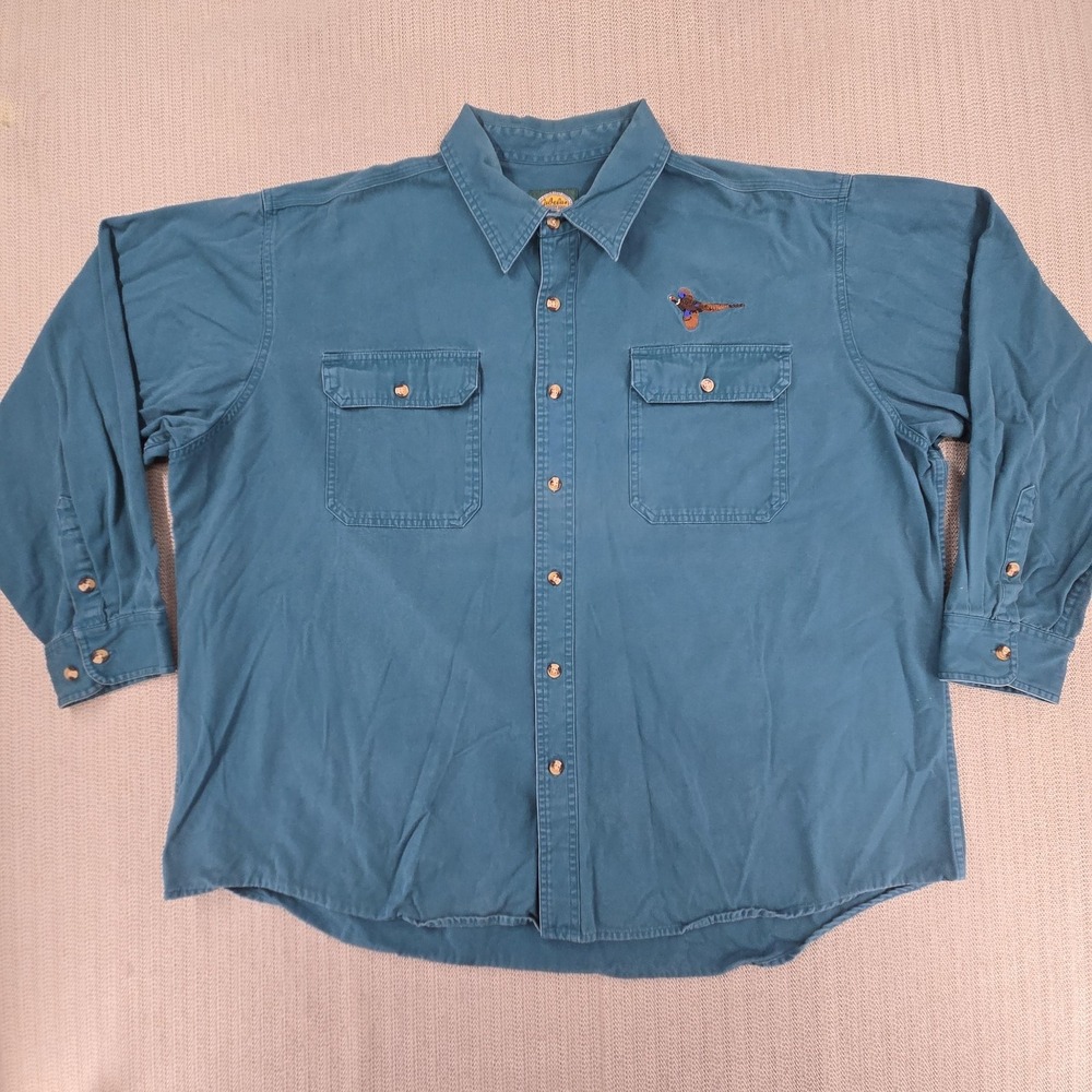 Cabela's Shirt Mens 3XL Blue Long Sleeve Button Up Pheasant Hunting Embroidered